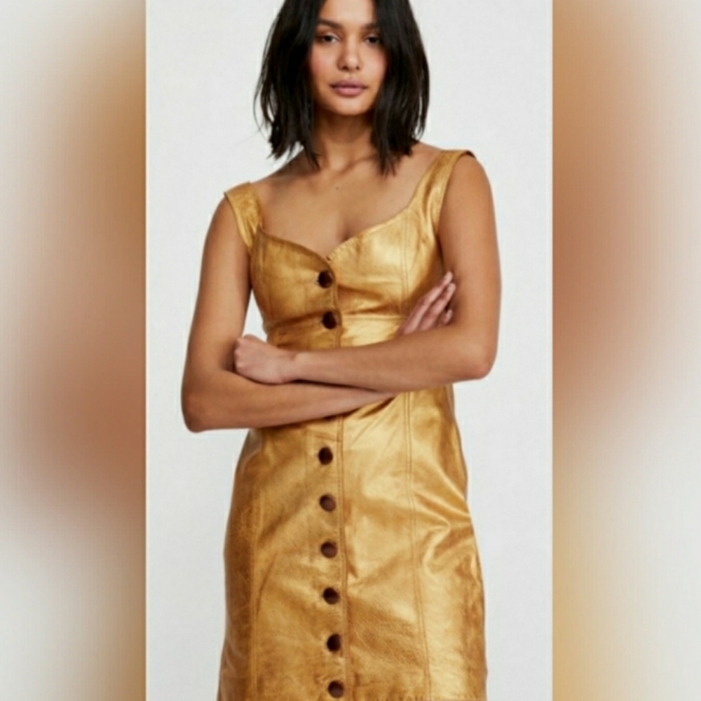 FREE PEOPLE Leather Metallic Gold Mini Dress Holiday Party New Years Eve Sz.4